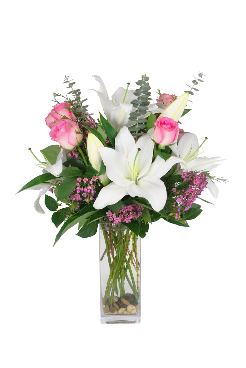 Perfect white Oriental Lilies mixed with Perfect Pink roses. 